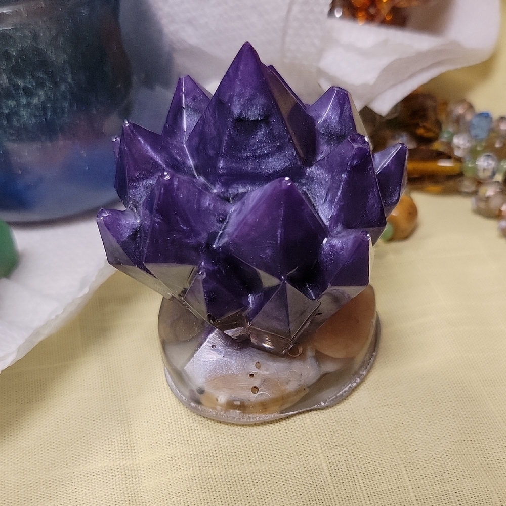 Handmade Resin Black, Clear & Shimmer Purple Crystal Cluster Decoration W/ Rocks